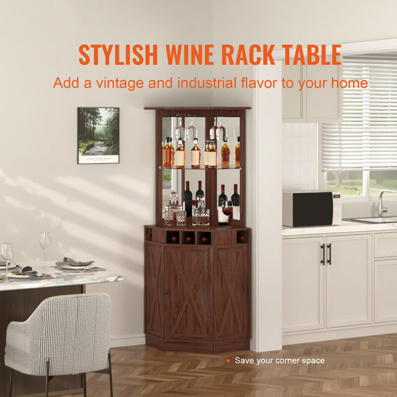 Corner Industrial Bar Cabinet with Wine Rack, Glass Holder and Storage Shelves