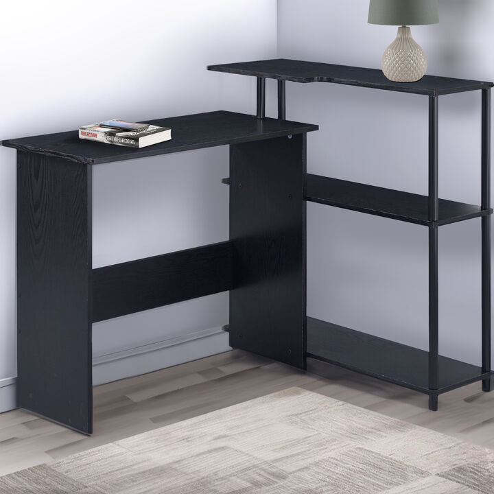 Writing Desk with L Shaped Design and 3 Tier Wooden Shelves, Black-Benzara