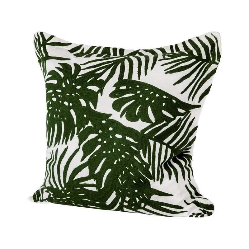 HomeRoots 20" Green And White Tropical Botanical Linen Throw Pillow Cover with Embroidery image number 0