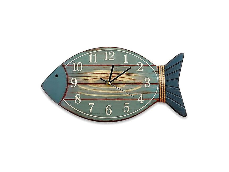 Silent Wood Fish Shape Wall Clock Coastal Beach Lake House Decor Non Ticking