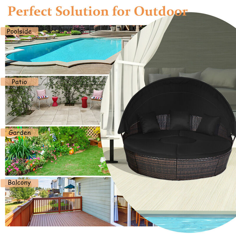 Patio Round Rattan Daybed with Retractable Canopy and Height Adjustable Coffee Table image number 5