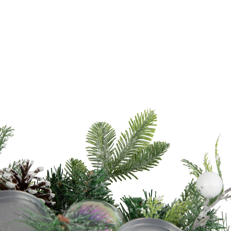 32" Green Pine Triple Candle Holder with Berries and Iridescent Christmas Ornaments