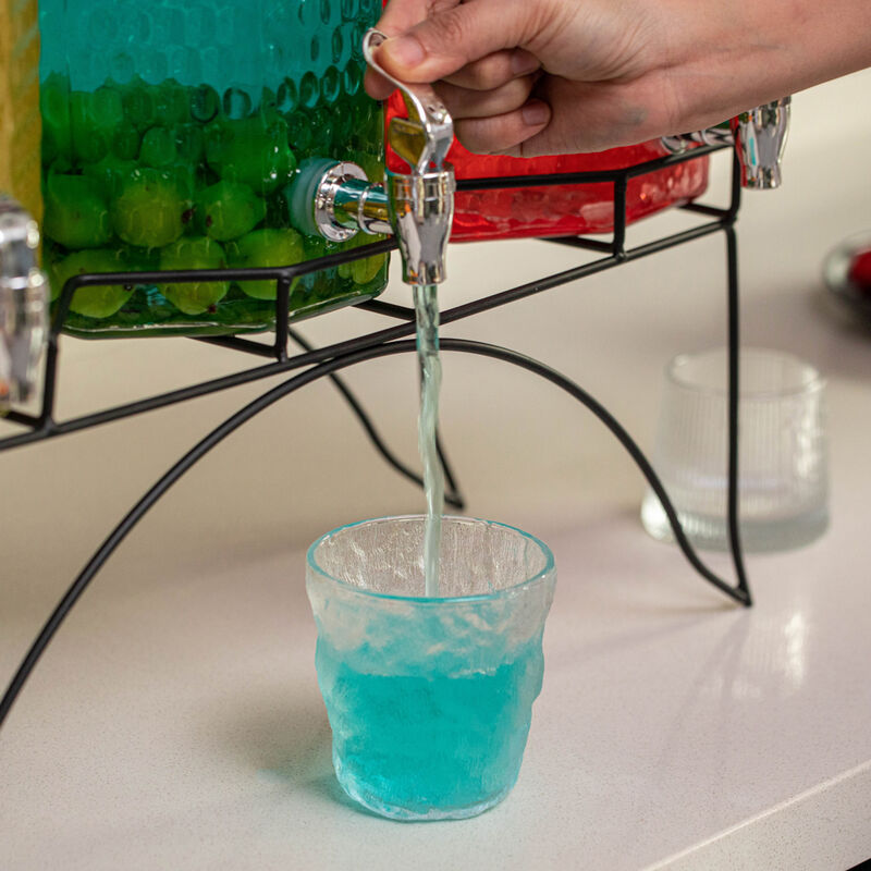 Basicwise 3-Piece Glass Drink Dispenser Set with Metal Stand and Stainless Steel Spigot - Beverage Dispensers for Lemonade, Juice, Water, Iced Tea, and Punch - Ideal for Tea Party and Other Occasions