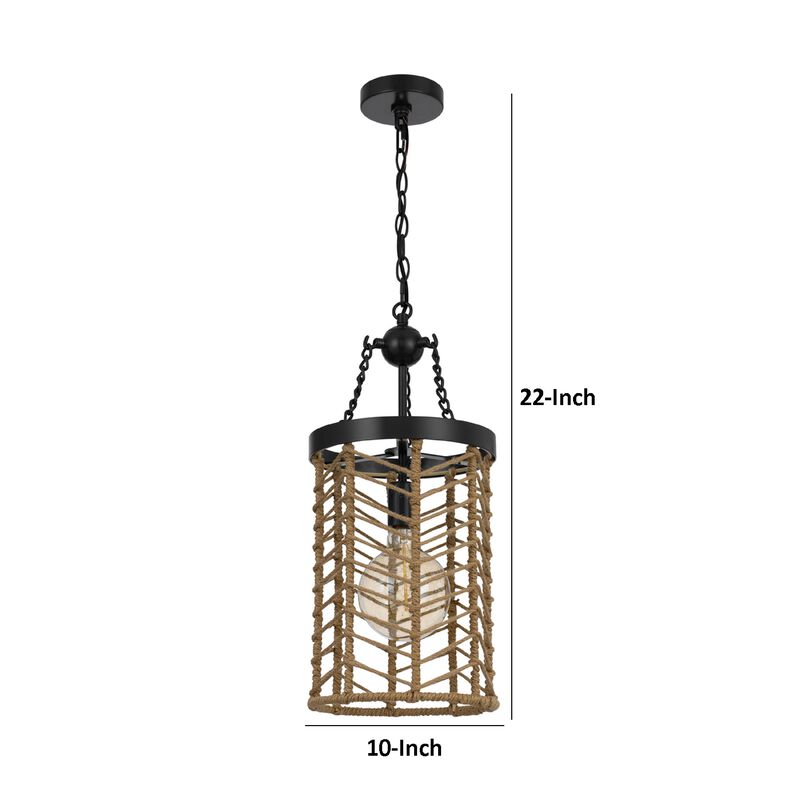 Pendant Light, Cylindric Caged Body with Braided Burlap Rope, Black Metal image number 7