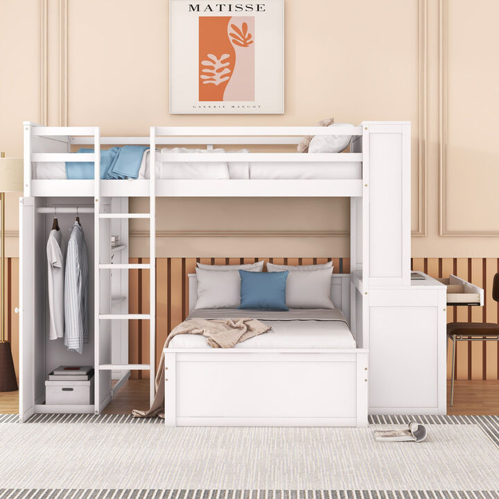 Full size Loft Bed with a twin size Stand-alone bed, Shelves,Desk,and Wardrobe-White