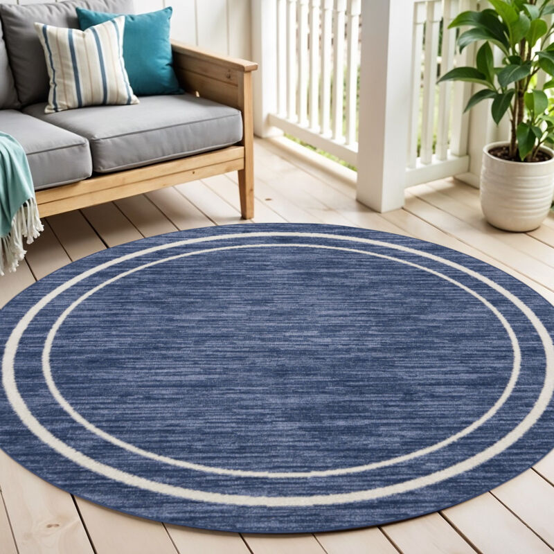 HomeRoots 4' Navy Blue And Ivory Round Indoor Outdoor Area Rug image number 1