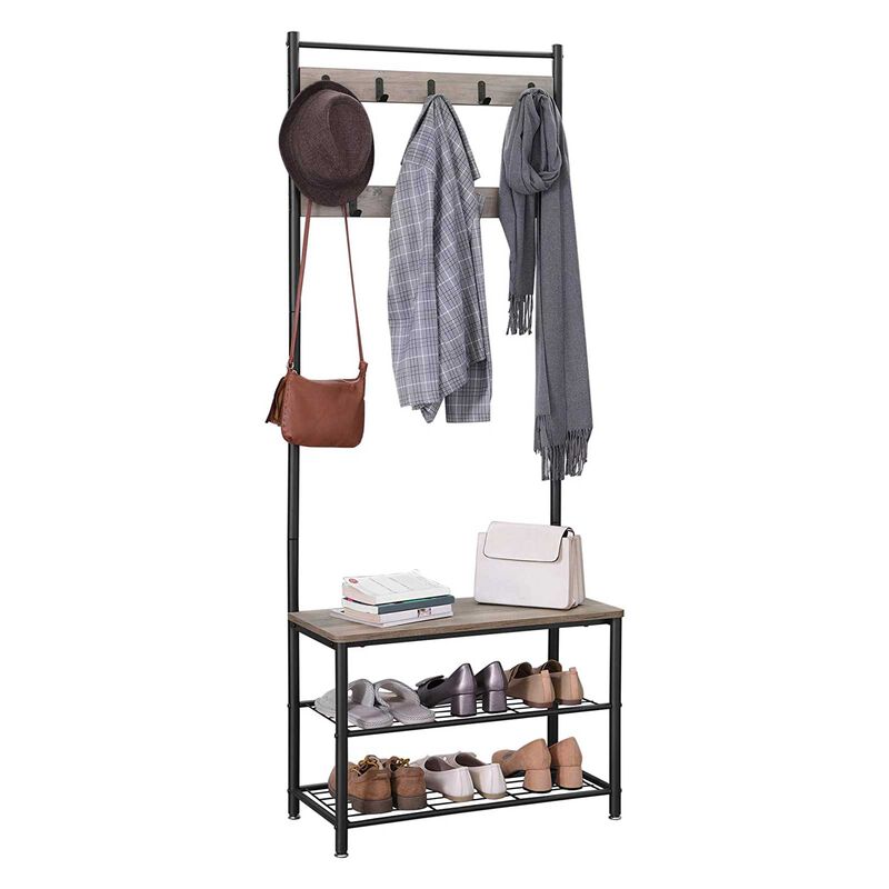 Coat Rack and Shoe Bench with Storage Shelf and Metal Frame