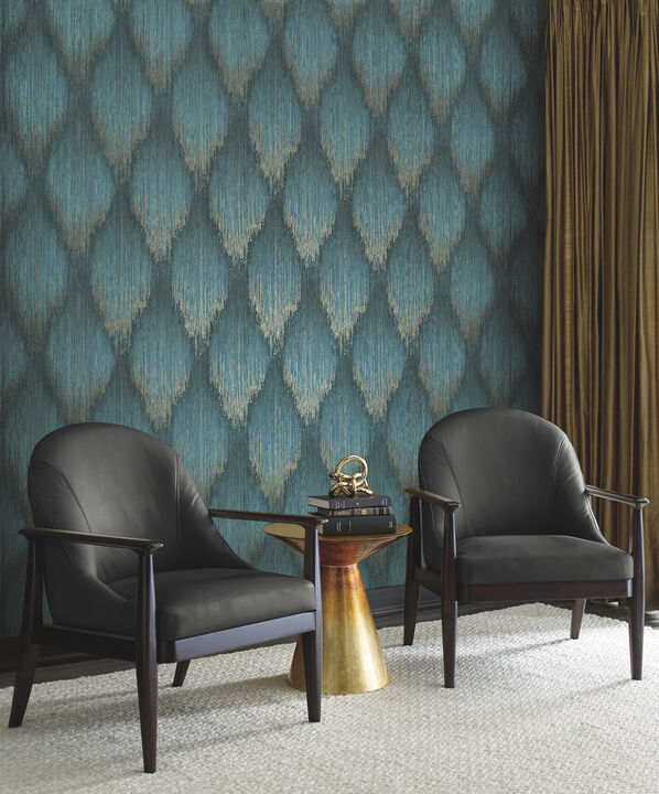 Starfall Teal Metallic Ikat Wallpaper