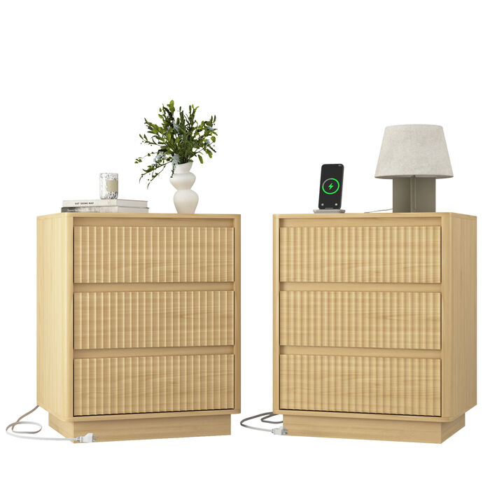 GOODSILO Set of 2 End Tables with Fast USB C Charging Station, Sofa Side Tables with 3 Drawers Large Storage Cabinets for Living Room Bedroom Office