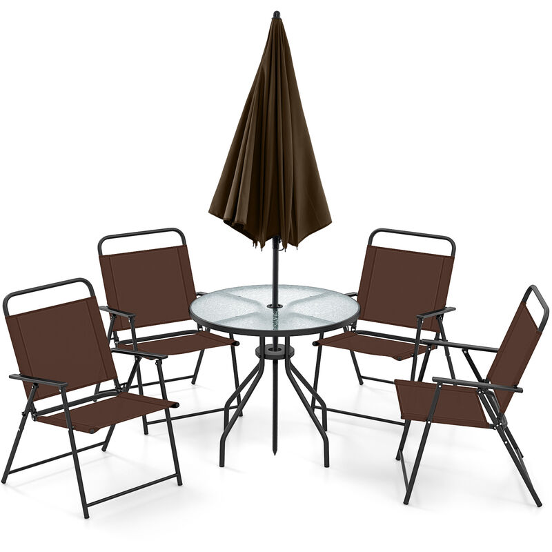 6 Pieces Patio Dining Set Folding Chairs Glass Table Tilt Umbrella for Garden