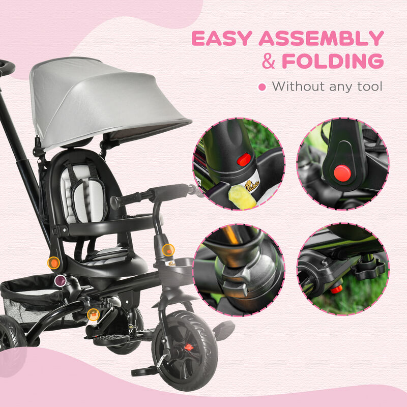 BreeBe Kids Tricycle, 4 in 1 Foldable Trike with Reversible Seat, Adjustable Parent Handle, Safety Harness, Wheel Brakes, Removable Canopy, Storage image number 7
