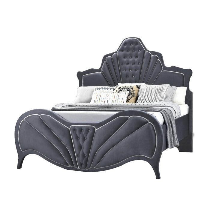 Velvet Upholstered Channel Tufted Queen Bed, Gray - Benzara
