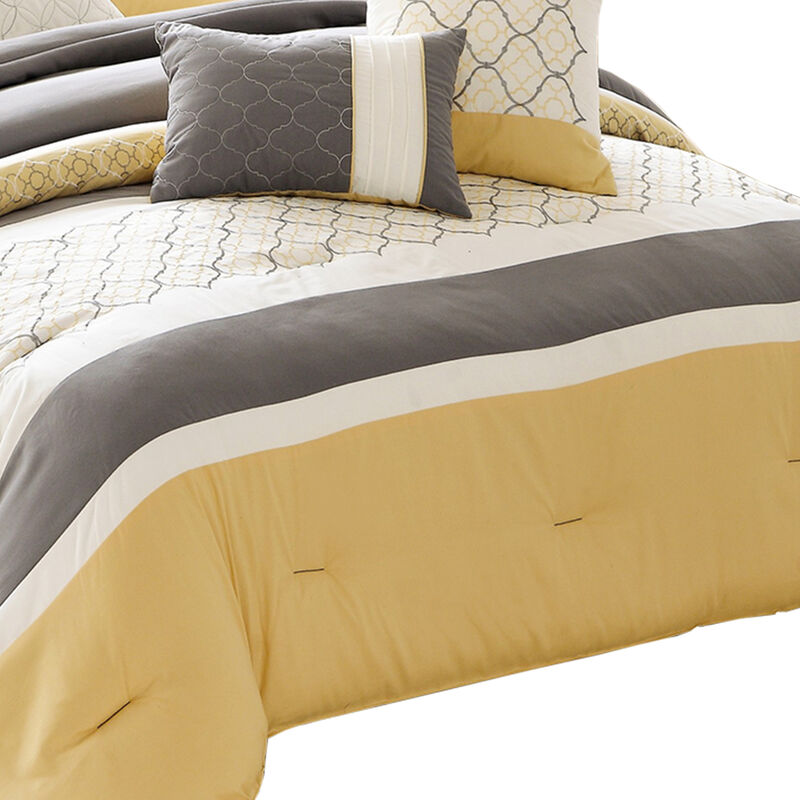 Quatrefoil Print Queen Size 7 Piece Fabric Comforter Set, Yellow and Gray - Benzara