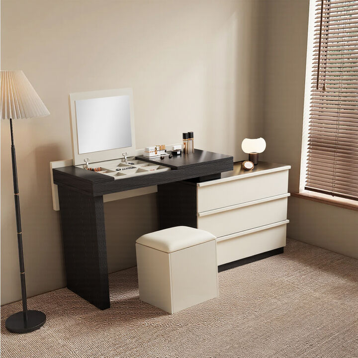 Adjustable L-Shaped Desk with Chair, 3 Drawers, Flippable Mirror & Storage Space for Writing & Vanity 47-70" Black & White