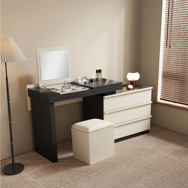 Adjustable L-Shaped Desk with Chair, 3 Drawers, Flippable Mirror & Storage Space for Writing & Vanity 47-70" Black & White