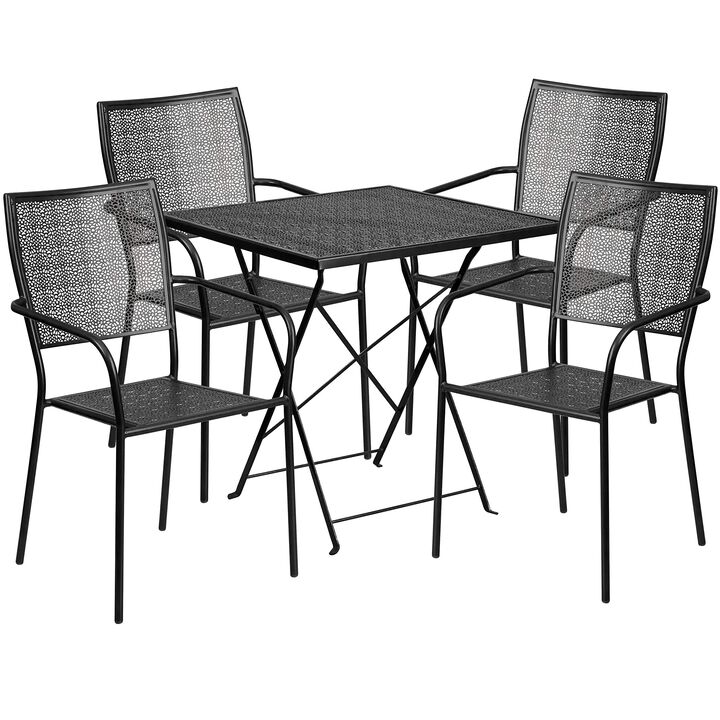 Flash Furniture Commercial Grade 28" Square Black Indoor-Outdoor Steel Folding Patio Table Set with 4 Square Back Chairs