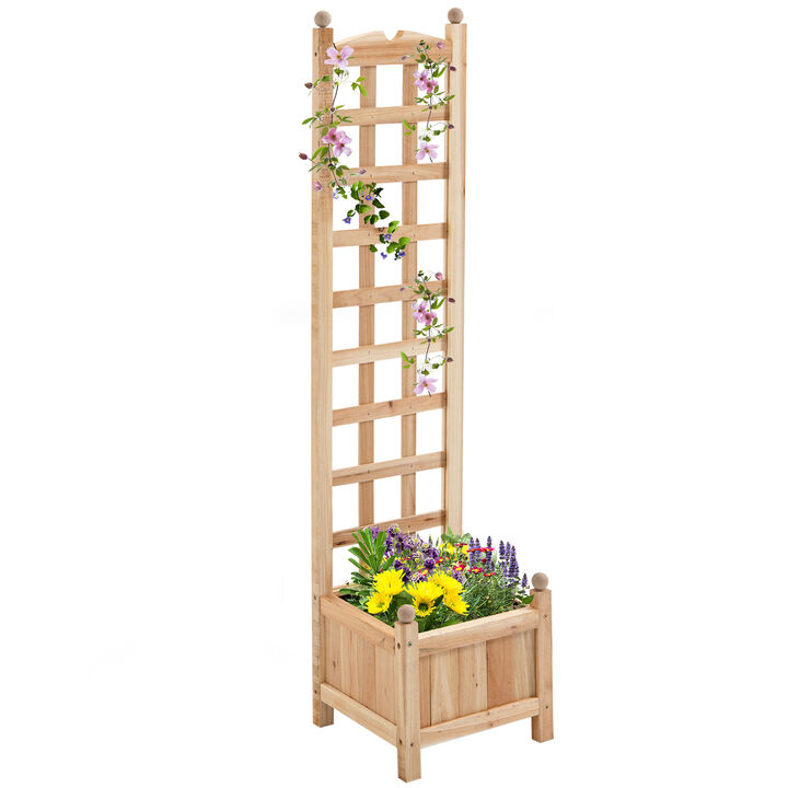 Outsunny Wooden Raised Garden Bed with Trellis, Outdoor Planter Box with Drainage Crevices for Climbing Vine Plants Flowers, 12" x 12" x 49"