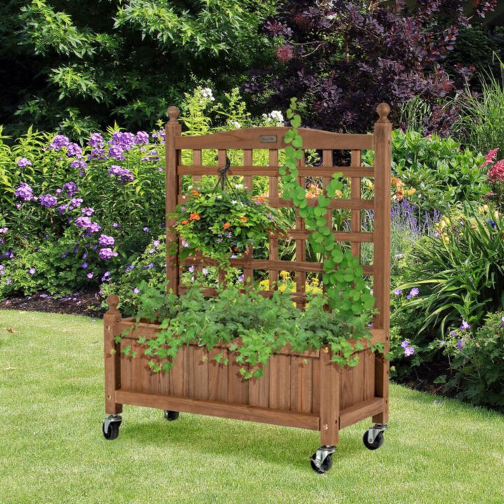 Hivvago 32in Wood Planter Box with Trellis Mobile Raised Bed for Climbing Plant