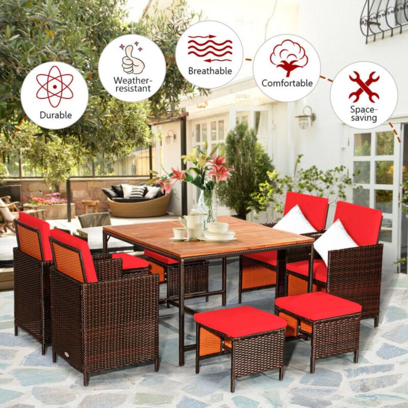 Hivvago 9 Pieces Patio Rattan Dining Cushioned Chairs Set-Red