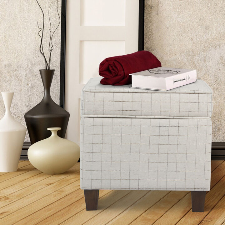 Wooden Square Ottoman with Grid Patterned Fabric Upholstery and Hidden Storage, Beige and Brown - Benzara