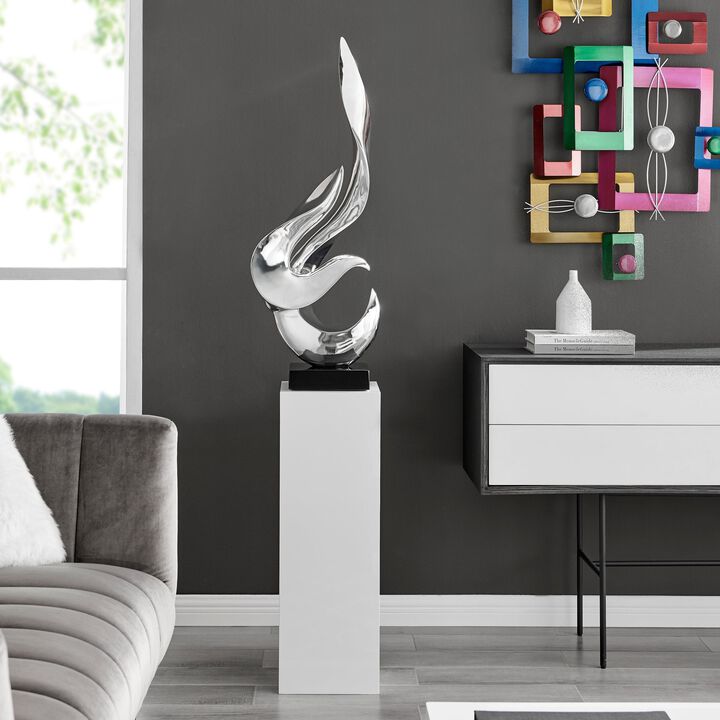 Flame Floor Sculpture Chrome with White Stand Resin Handmade 65" Tall