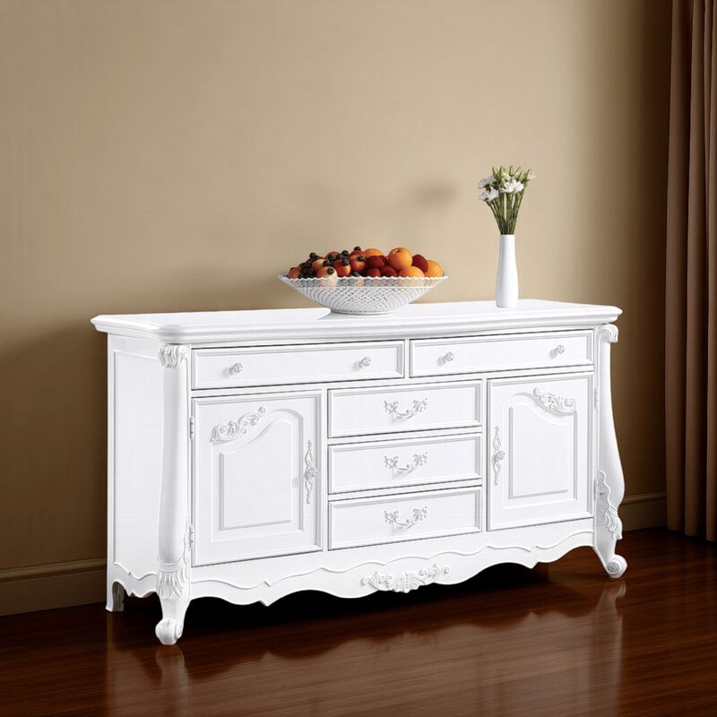 Maver Wide Dresser Chest with 6 Drawers, 2 Doors, Classic White Wood - Benzara