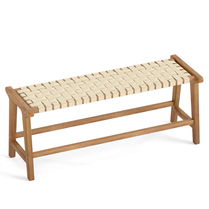 47 Inch Outdoor Teak Wood Bench with Weave Seat and Solid Legs-Natural