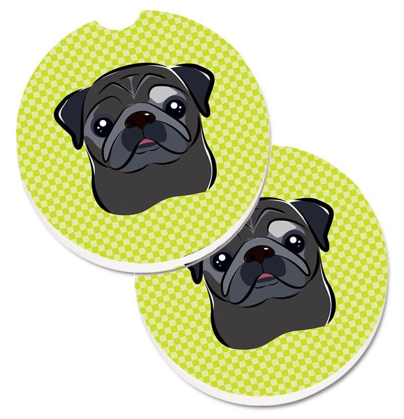 Caroline's Treasures Checkerboard Lime green black Pug Set of 2 Cup Holder Car Coasters BB1325CARC, 2.56, Multicolor