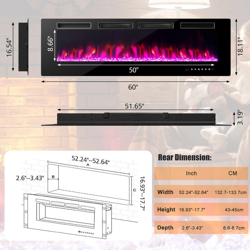 Ultra-Thin Electric Fireplace with Decorative Crystal Display