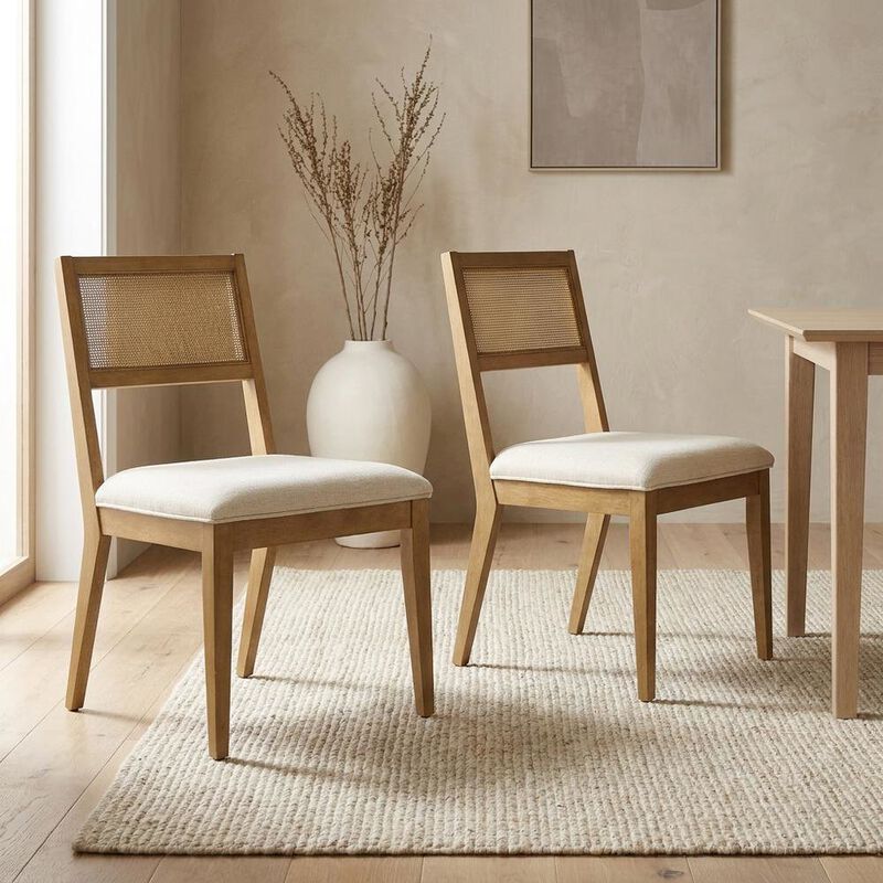 Faux Rattan Fabric Modern Dining Room Chairs, Heathered Weave Ivory, Set of 2 image number 4
