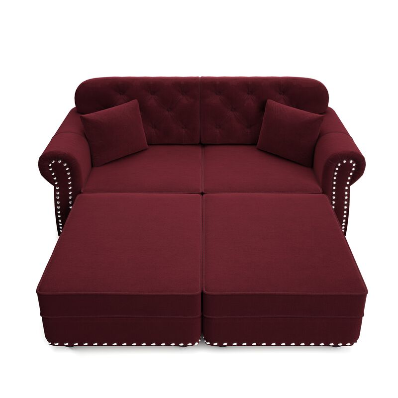 Whisen 2 Seat Velvet Upholstered Sofa with 2 Ottomans, Nailhead Trim, Mid-Century Modern, for Living Room image number 0