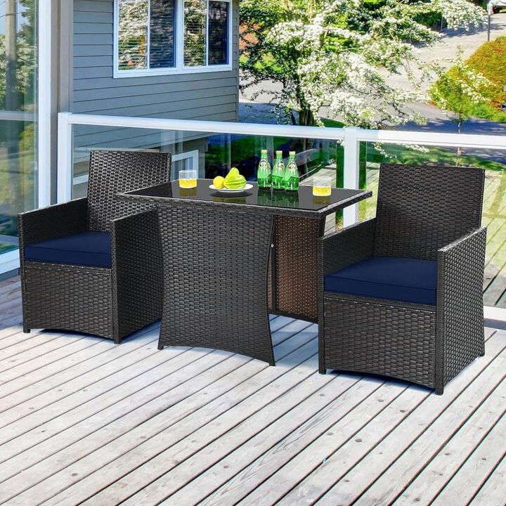 Hivvago 3-Piece Patio Furniture Outdoor Dining Set Brown PE Rattan Navy Blue Cushions