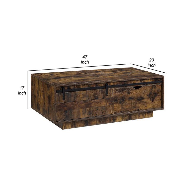 Rick 47 Inch Rustic Oak Coffee Table, Sliding Barn Door, Single Drawer