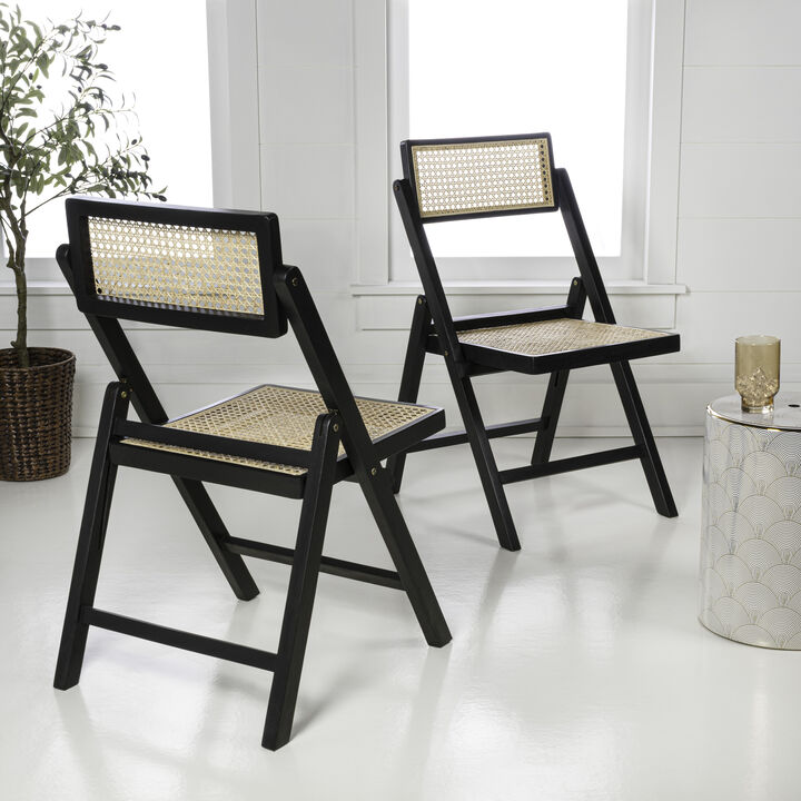 Theo Mid-Century Vintage Wood Rattan Folding Chair with Adjustable Back, Black (Set of 2)