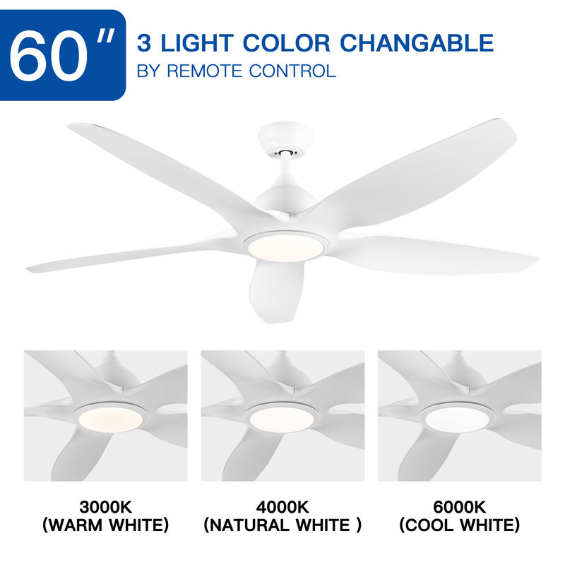 60 Inch Modern LED Ceiling Fan with Light - White ABS Blades, 6-Speed Reversible Fan image number 9