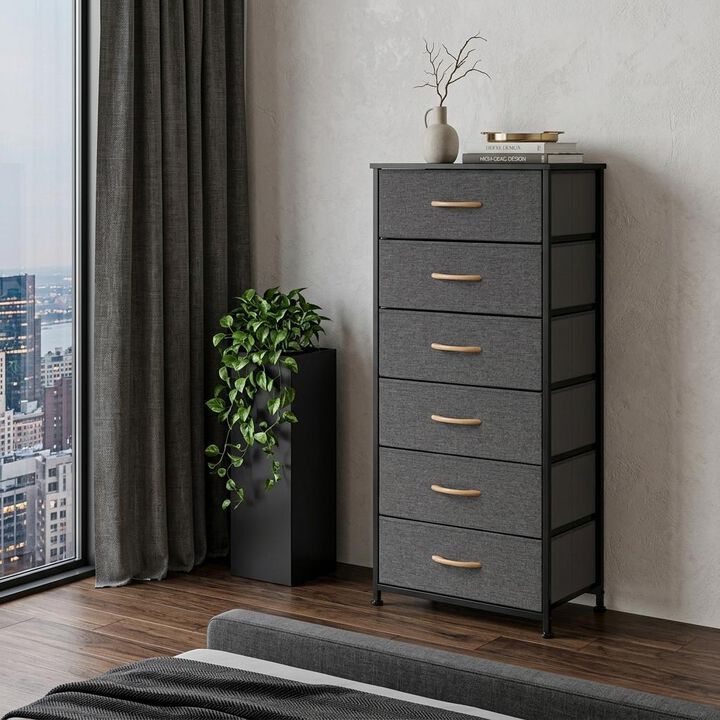 HomeRoots Set Of Six 18" Black And Gray Fabric and Steel Six Drawer Dresser