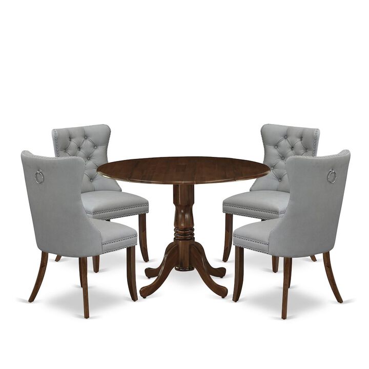 5 Piece Modern Dining Table Set Consists of a Round Kitchen Table with Dropleaf