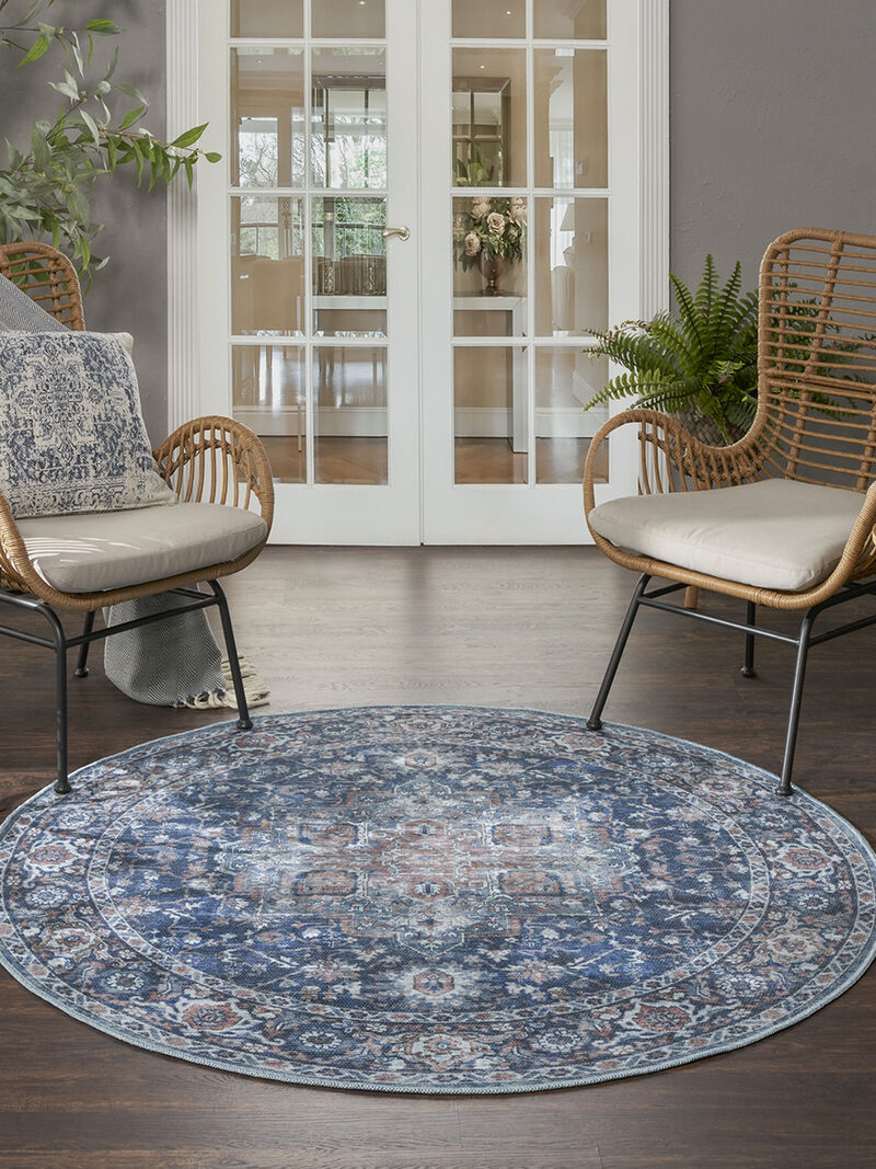 Machine Washable Series 1 SR101 Ivory/Navy 5'3" x Round Rug