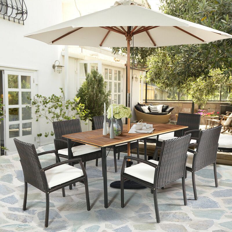 7Pcs Patio Rattan Cushioned Dining Set with Umbrella Hole image number 1