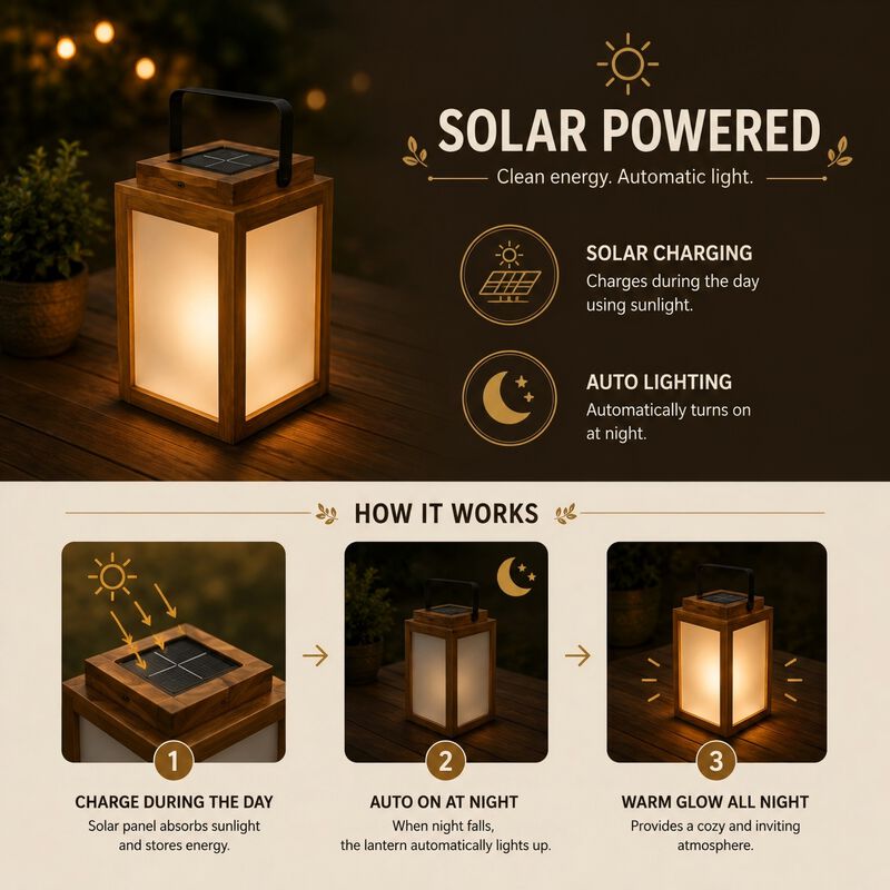 H11" Farmhouse LED Solar Lantern with Wood Farm and Frosted Glass Panel Outdoor Garden Decorative Hanging Lanterns for Outside Camping image number 6