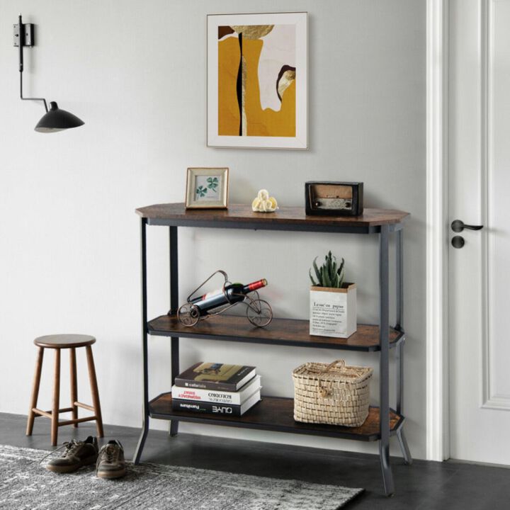 Hivvago 3-Tier Steel Frame Entryway Sofa Console Table for Hallway and Living Room-Rustic Brown