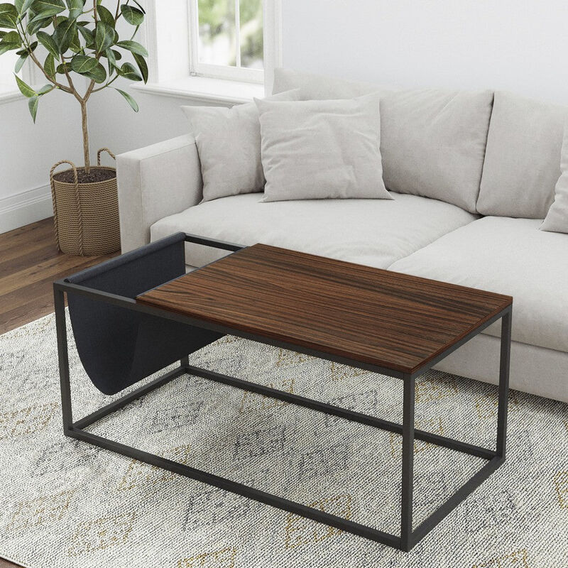 Homezia Modern Geo Black and Walnut Sofa Table with Magazine Holder