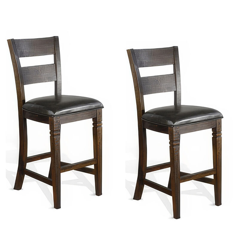 Flint Barstool Chair, Set of 2, Ladderback, Black Vinyl, Dark Brown Mahogany - Benzara
