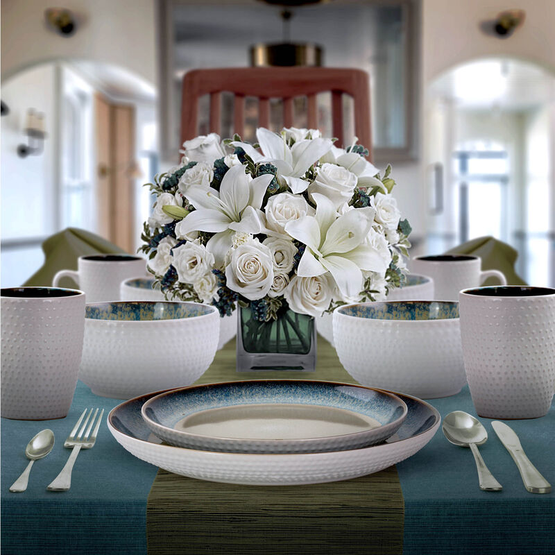 Elama Modern Dot 16 Piece Luxurious Stoneware Dinnerware with Complete Setting for 4