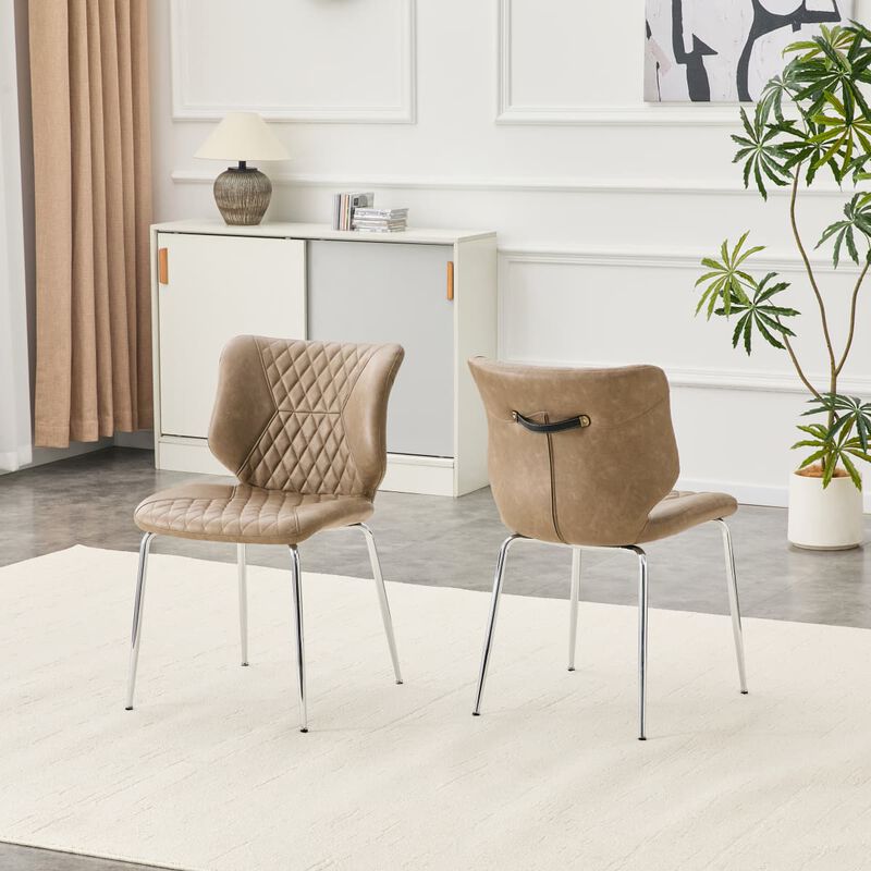 Set of 2 Leather Dining Chairs Square High Back Dining Chairs with Diamond Tufting Retro Dining Chairs with Metal Legs and Back Handle image number 3