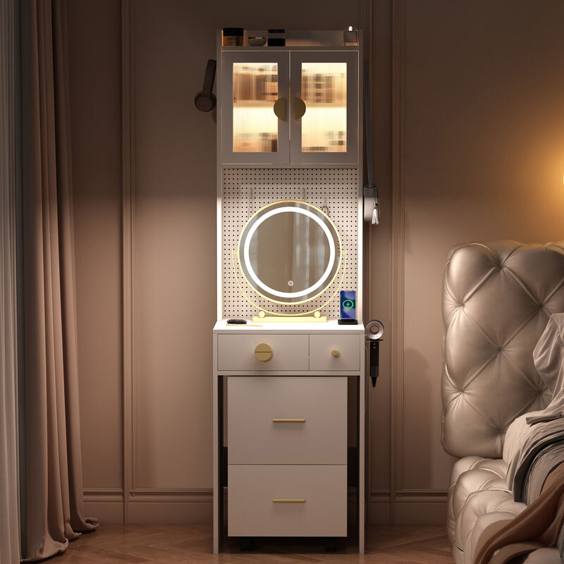 Small Vanity Desk with Mirror and LED Lights – Compact Makeup Table with Illuminated Mirror and Storage