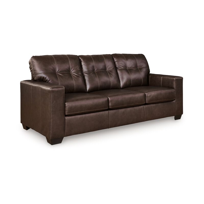 Orion Sofa, Dark Brown Tufted Real and Faux Leather Cushions, 85 Inch