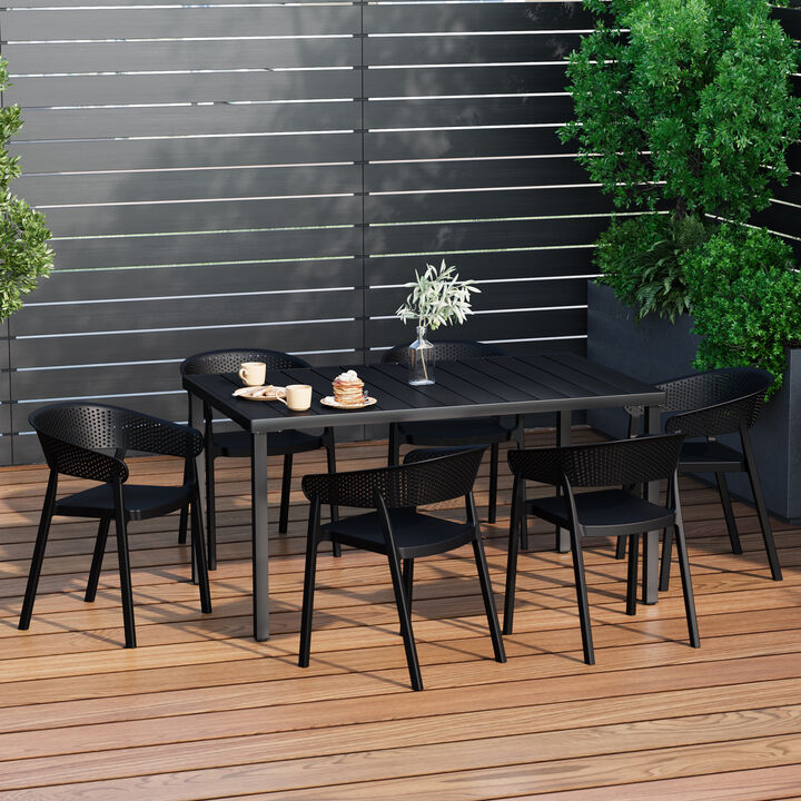 WestinTrends 7-Piece Outdoor Metal Rectangle Patio Dining Table Set With Stackable Patio Dining Chairs