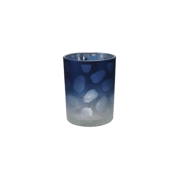 Laser Etched Glass Votive Holder with Pinecones, Matte Blue and Silver Finish