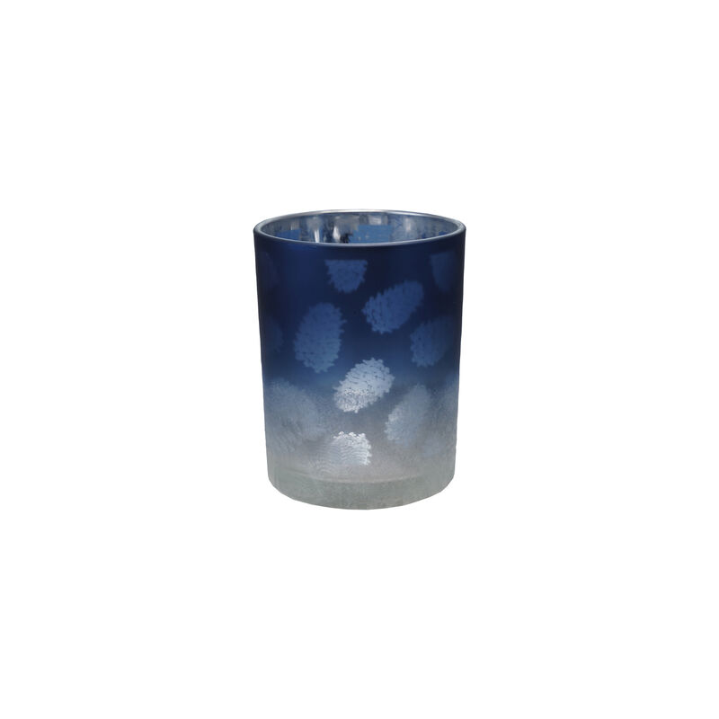 Laser Etched Glass Votive Holder with Pinecones, Matte Blue and Silver Finish image number 0